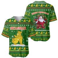 Myanmar Christmas Baseball Jersey with Green-Gold Theme, Chinthe Lion, and Santa Motif - Wonder Print Shop