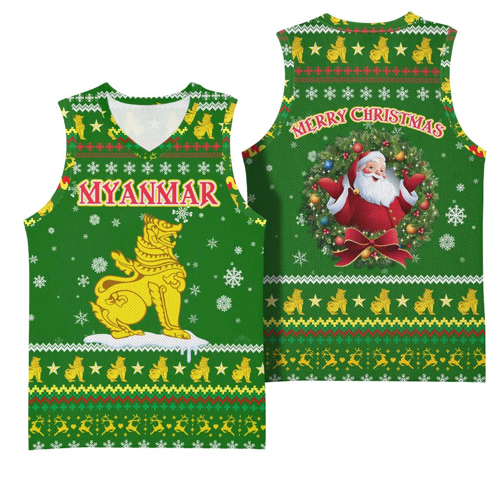 Myanmar Christmas Basketball Jersey with Green-Gold Theme, Chinthe Lion, and Santa Motif - Wonder Print Shop