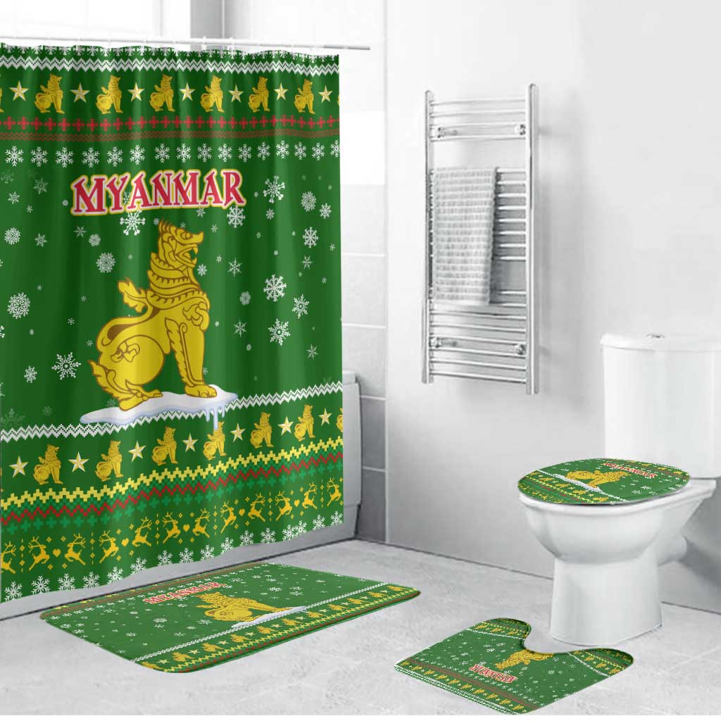 Myanmar Christmas Bathroom Set with Green-Gold Theme, Chinthe Lion, and Santa Motif - Wonder Print Shop