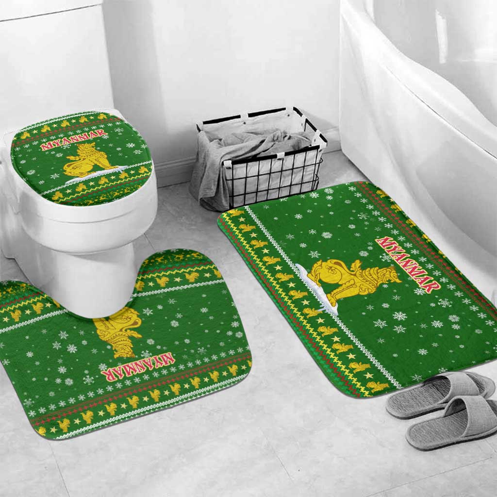 Myanmar Christmas Bathroom Set with Green-Gold Theme, Chinthe Lion, and Santa Motif - Wonder Print Shop