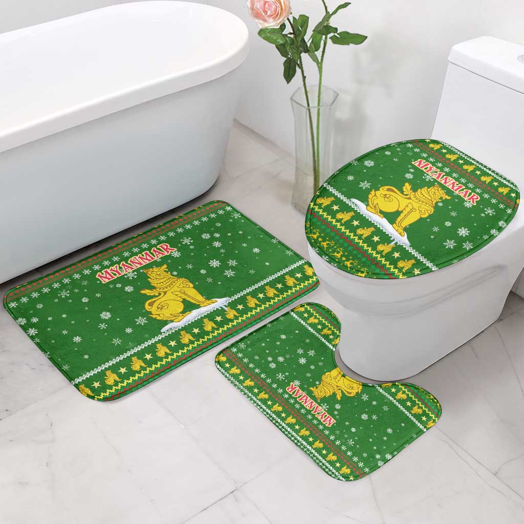 Myanmar Christmas Bathroom Set with Green-Gold Theme, Chinthe Lion, and Santa Motif - Wonder Print Shop