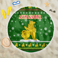 Myanmar Christmas Beach Blanket with Green-Gold Theme, Chinthe Lion, and Santa Motif - Wonder Print Shop