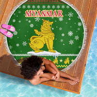 Myanmar Christmas Beach Blanket with Green-Gold Theme, Chinthe Lion, and Santa Motif - Wonder Print Shop