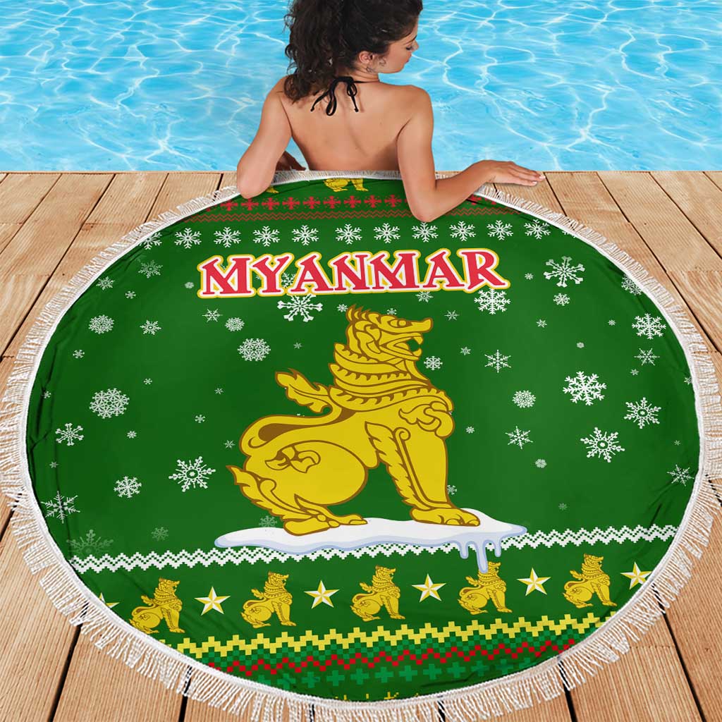 Myanmar Christmas Beach Blanket with Green-Gold Theme, Chinthe Lion, and Santa Motif - Wonder Print Shop