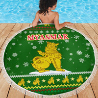 Myanmar Christmas Beach Blanket with Green-Gold Theme, Chinthe Lion, and Santa Motif - Wonder Print Shop