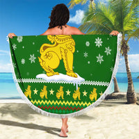 Myanmar Christmas Beach Blanket with Green-Gold Theme, Chinthe Lion, and Santa Motif - Wonder Print Shop