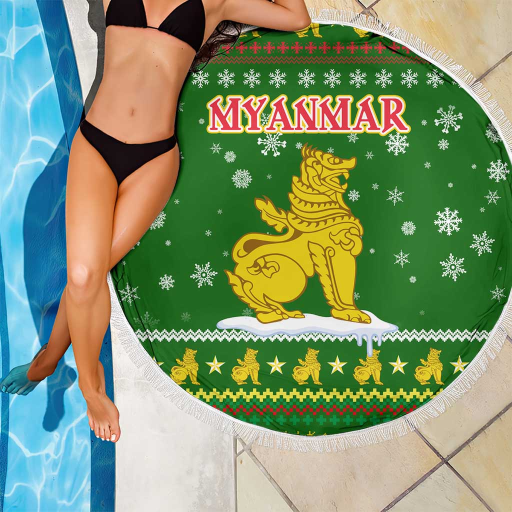Myanmar Christmas Beach Blanket with Green-Gold Theme, Chinthe Lion, and Santa Motif - Wonder Print Shop