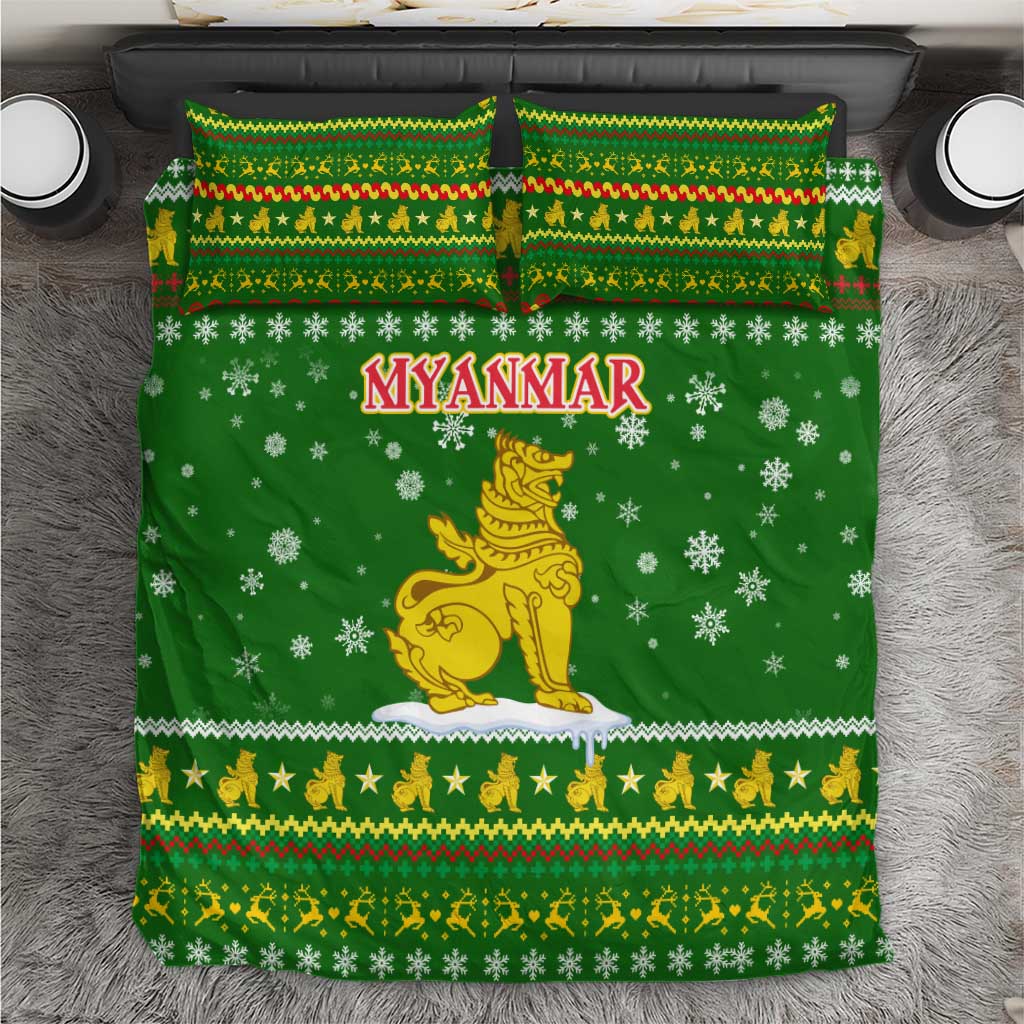 Myanmar Christmas Bedding Set with Green-Gold Theme, Chinthe Lion, and Santa Motif - Wonder Print Shop
