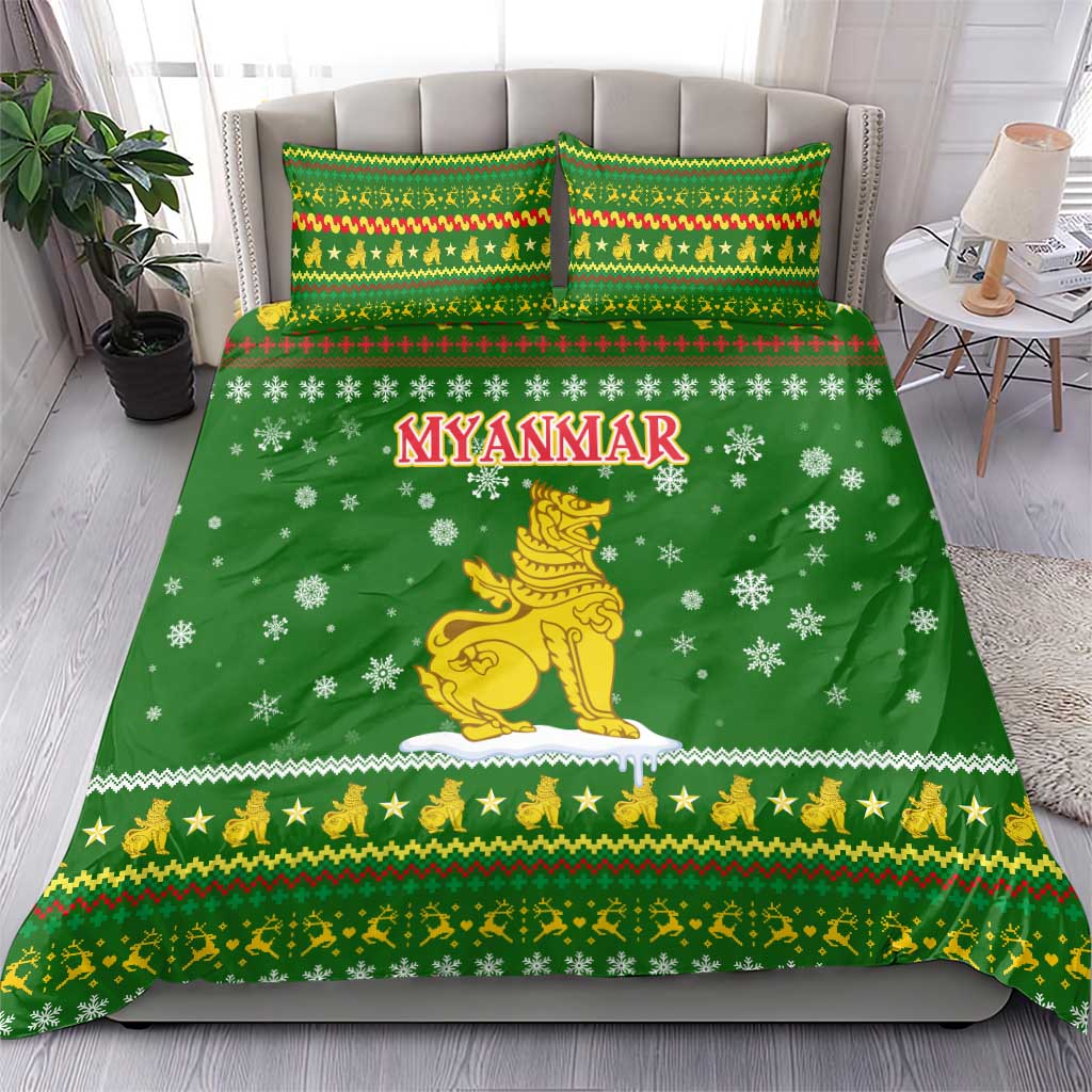 Myanmar Christmas Bedding Set with Green-Gold Theme, Chinthe Lion, and Santa Motif - Wonder Print Shop