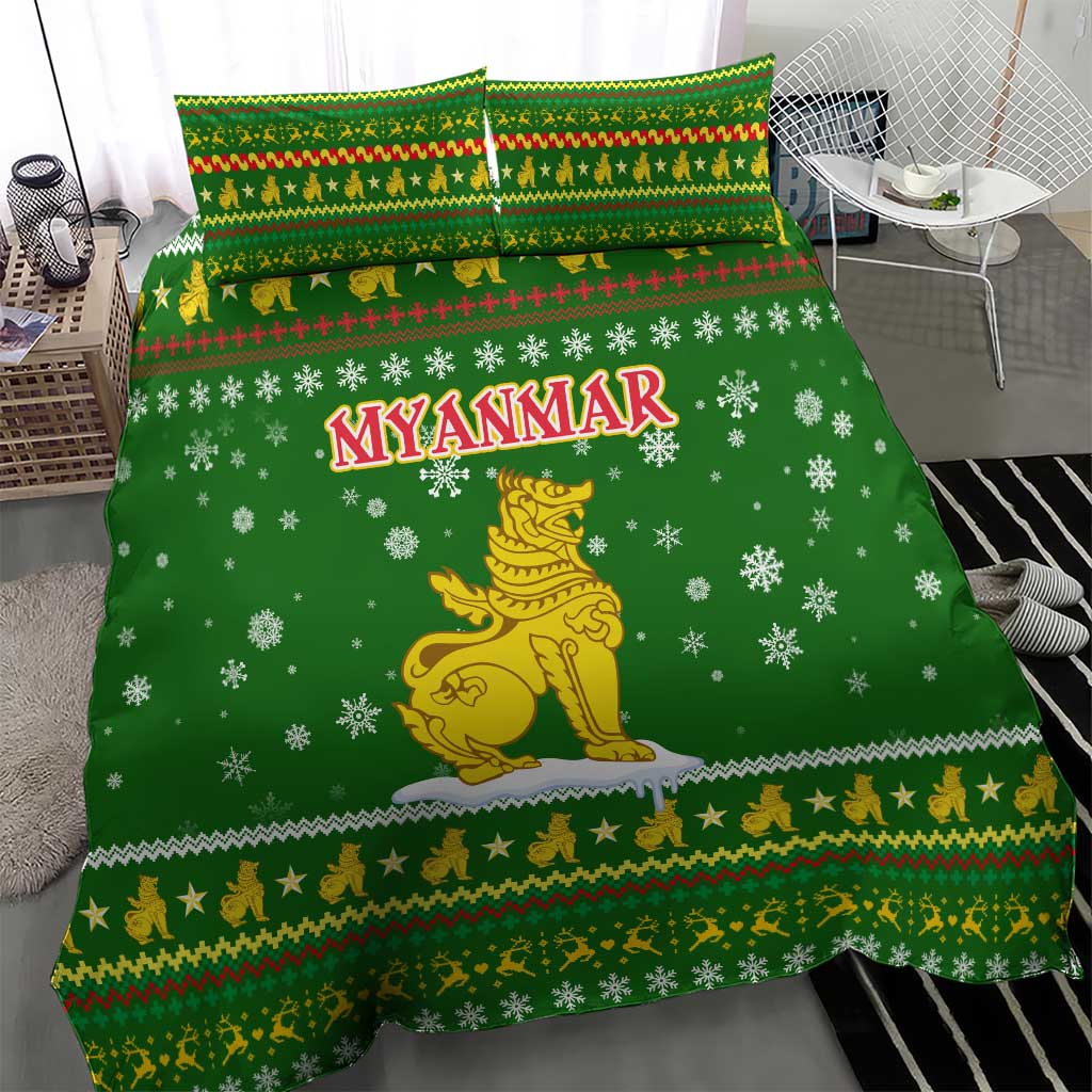 Myanmar Christmas Bedding Set with Green-Gold Theme, Chinthe Lion, and Santa Motif - Wonder Print Shop