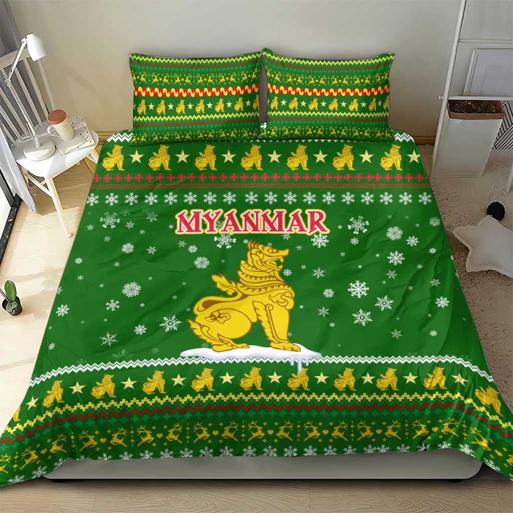 Myanmar Christmas Bedding Set with Green-Gold Theme, Chinthe Lion, and Santa Motif - Wonder Print Shop