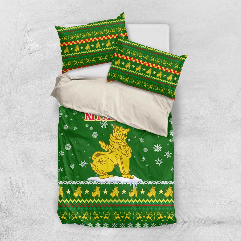 Myanmar Christmas Bedding Set with Green-Gold Theme, Chinthe Lion, and Santa Motif - Wonder Print Shop