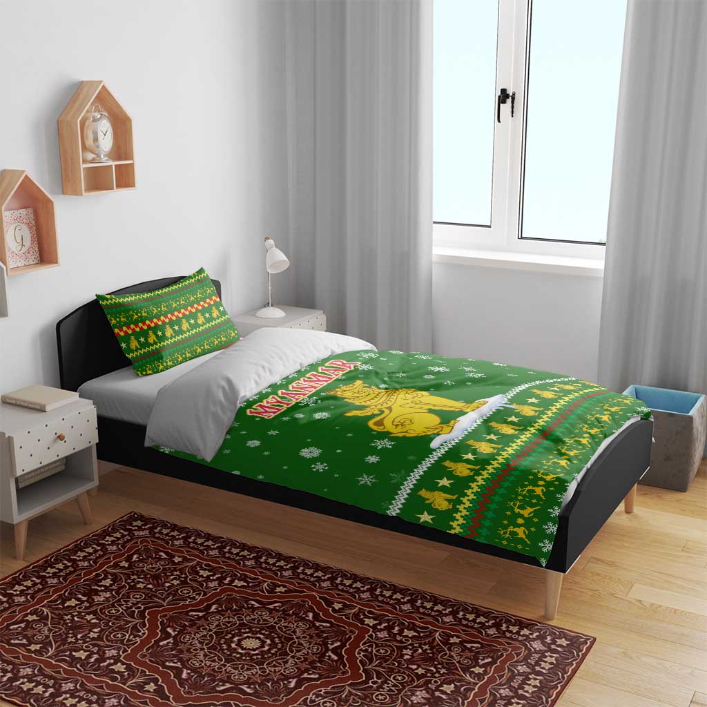 Myanmar Christmas Bedding Set with Green-Gold Theme, Chinthe Lion, and Santa Motif - Wonder Print Shop