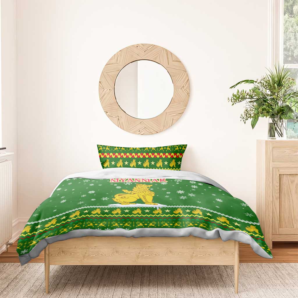 Myanmar Christmas Bedding Set with Green-Gold Theme, Chinthe Lion, and Santa Motif - Wonder Print Shop