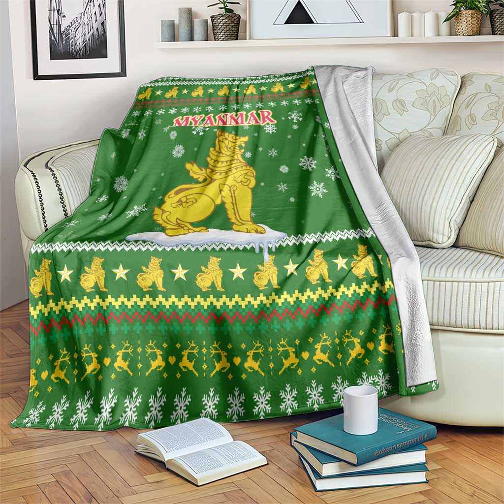 Myanmar Christmas Blanket with Green-Gold Theme, Chinthe Lion, and Santa Motif - Wonder Print Shop