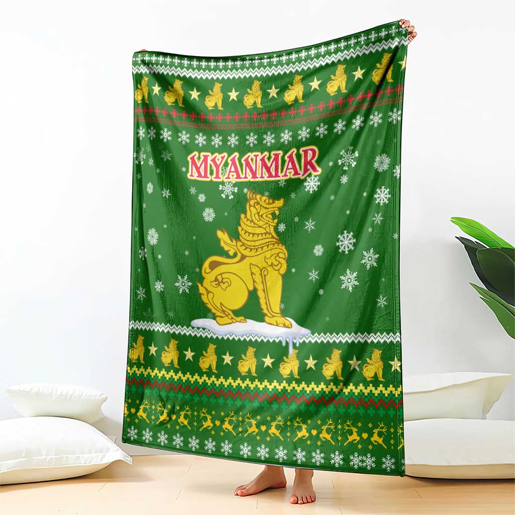 Myanmar Christmas Blanket with Green-Gold Theme, Chinthe Lion, and Santa Motif - Wonder Print Shop