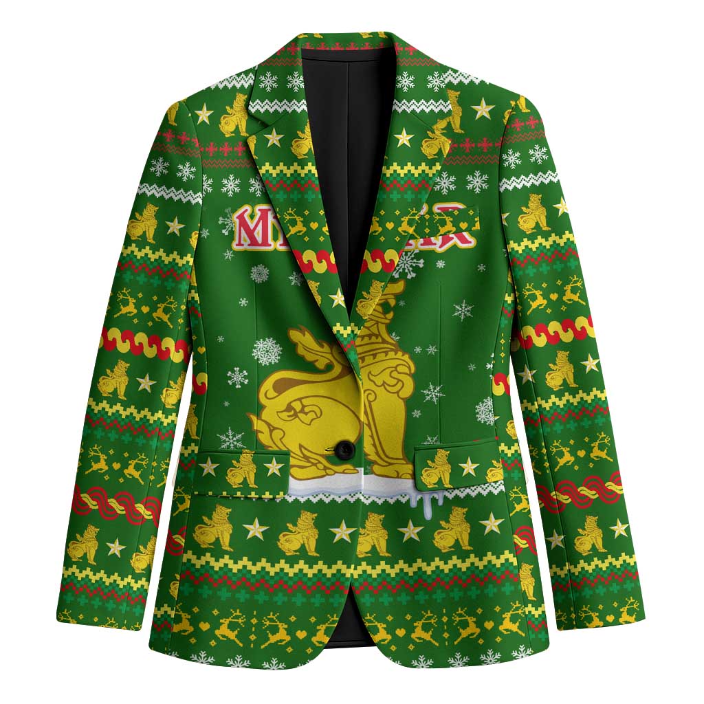 Myanmar Christmas Blazer with Green-Gold Theme, Chinthe Lion, and Santa Motif - Wonder Print Shop