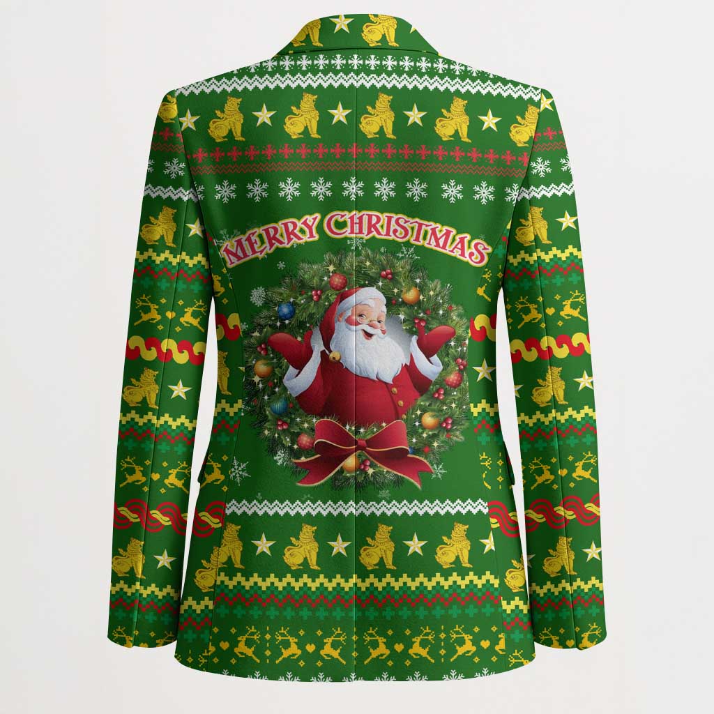 Myanmar Christmas Blazer with Green-Gold Theme, Chinthe Lion, and Santa Motif - Wonder Print Shop