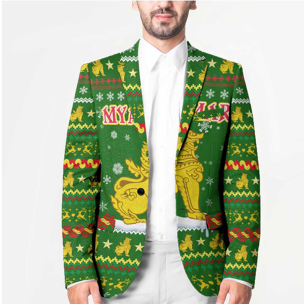 Myanmar Christmas Blazer with Green-Gold Theme, Chinthe Lion, and Santa Motif - Wonder Print Shop