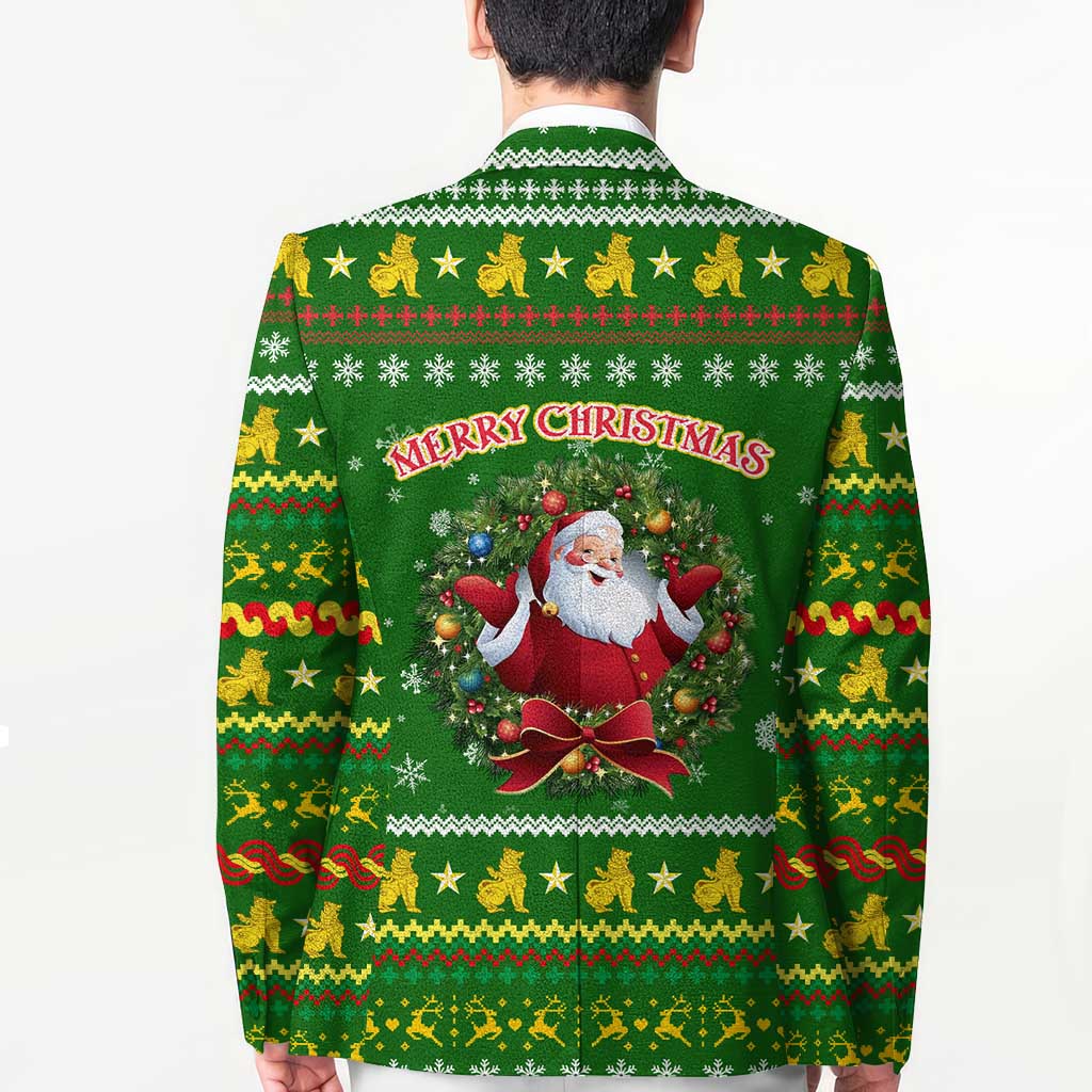 Myanmar Christmas Blazer with Green-Gold Theme, Chinthe Lion, and Santa Motif - Wonder Print Shop