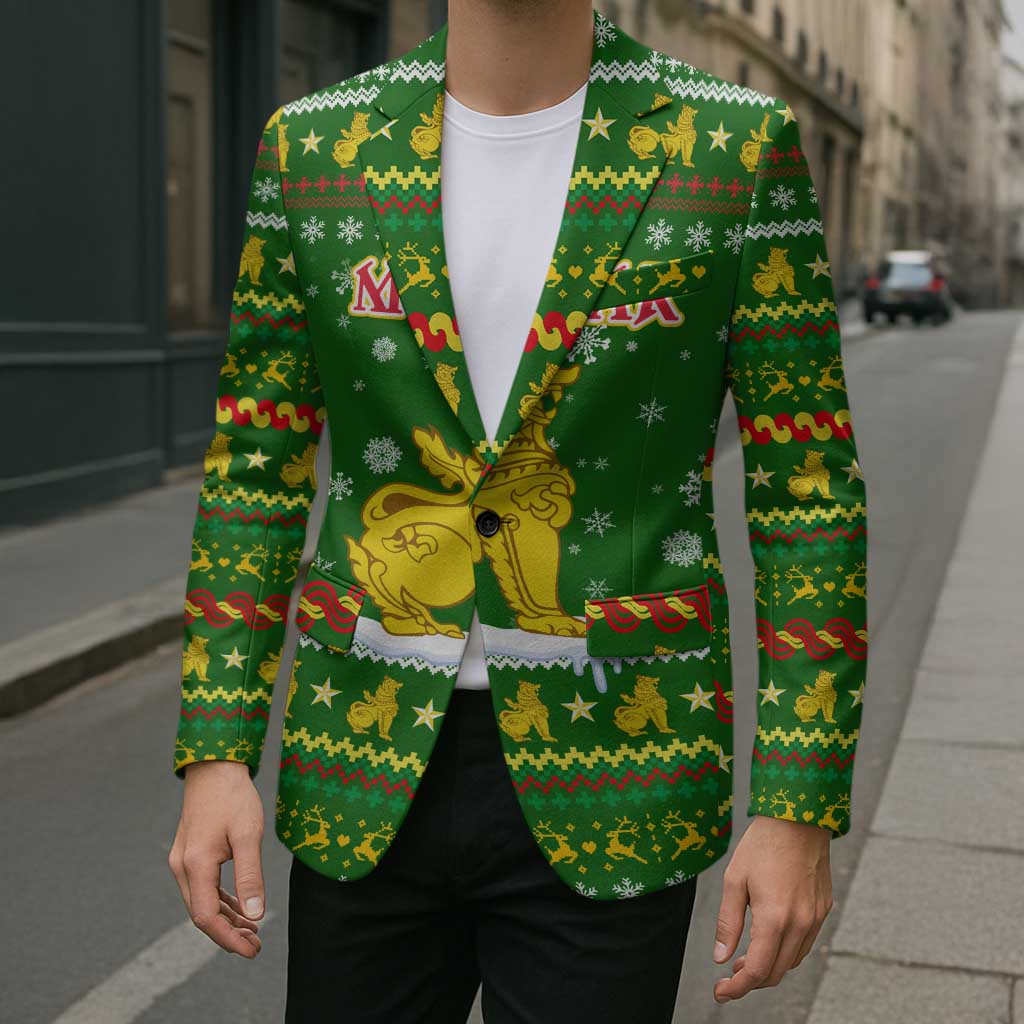 Myanmar Christmas Blazer with Green-Gold Theme, Chinthe Lion, and Santa Motif - Wonder Print Shop
