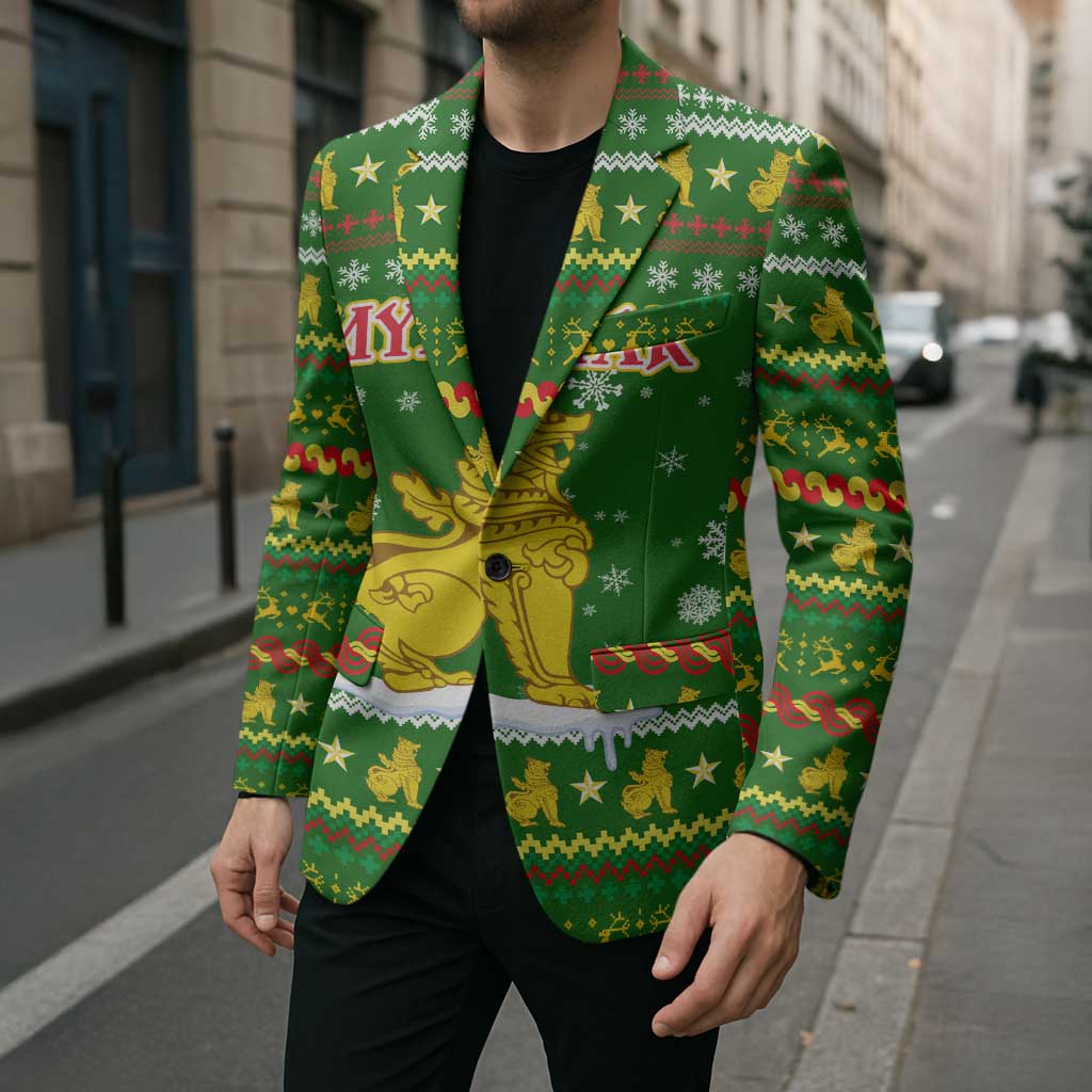 Myanmar Christmas Blazer with Green-Gold Theme, Chinthe Lion, and Santa Motif - Wonder Print Shop
