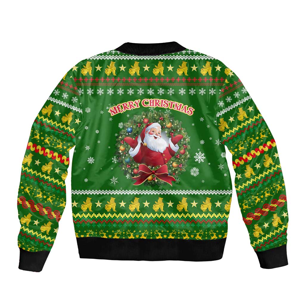 Myanmar Christmas Bomber Jacket with Green-Gold Theme, Chinthe Lion, and Santa Motif - Wonder Print Shop