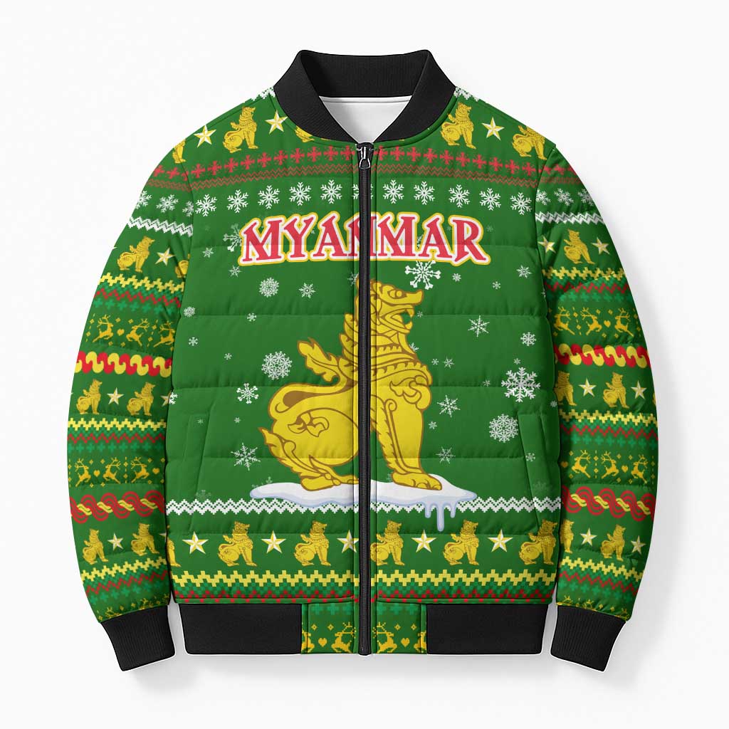 Myanmar Christmas Bomber Puffer Jacket with Green-Gold Theme, Chinthe Lion, and Santa Motif - Wonder Print Shop