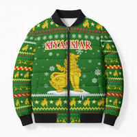 Myanmar Christmas Bomber Puffer Jacket with Green-Gold Theme, Chinthe Lion, and Santa Motif - Wonder Print Shop