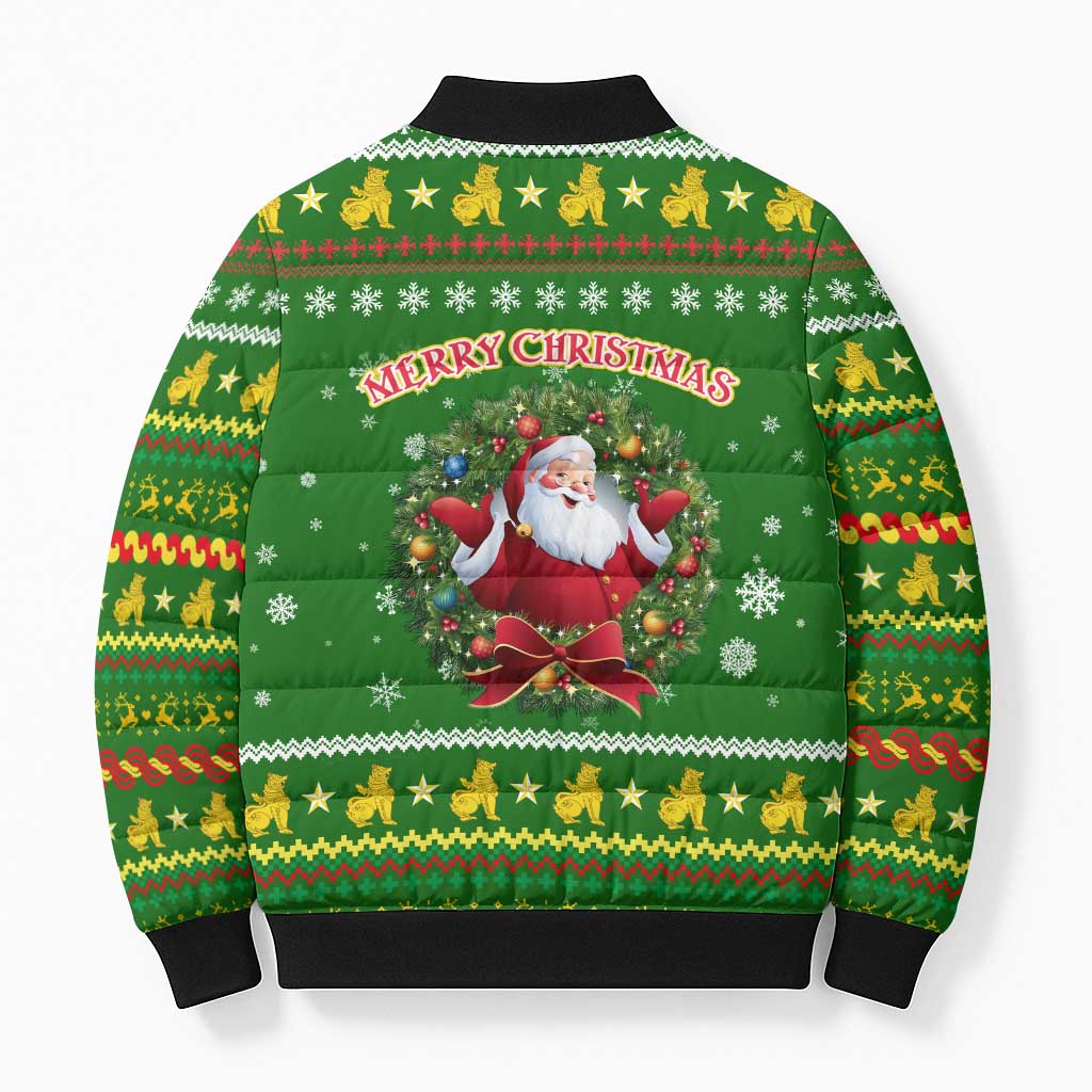 Myanmar Christmas Bomber Puffer Jacket with Green-Gold Theme, Chinthe Lion, and Santa Motif - Wonder Print Shop