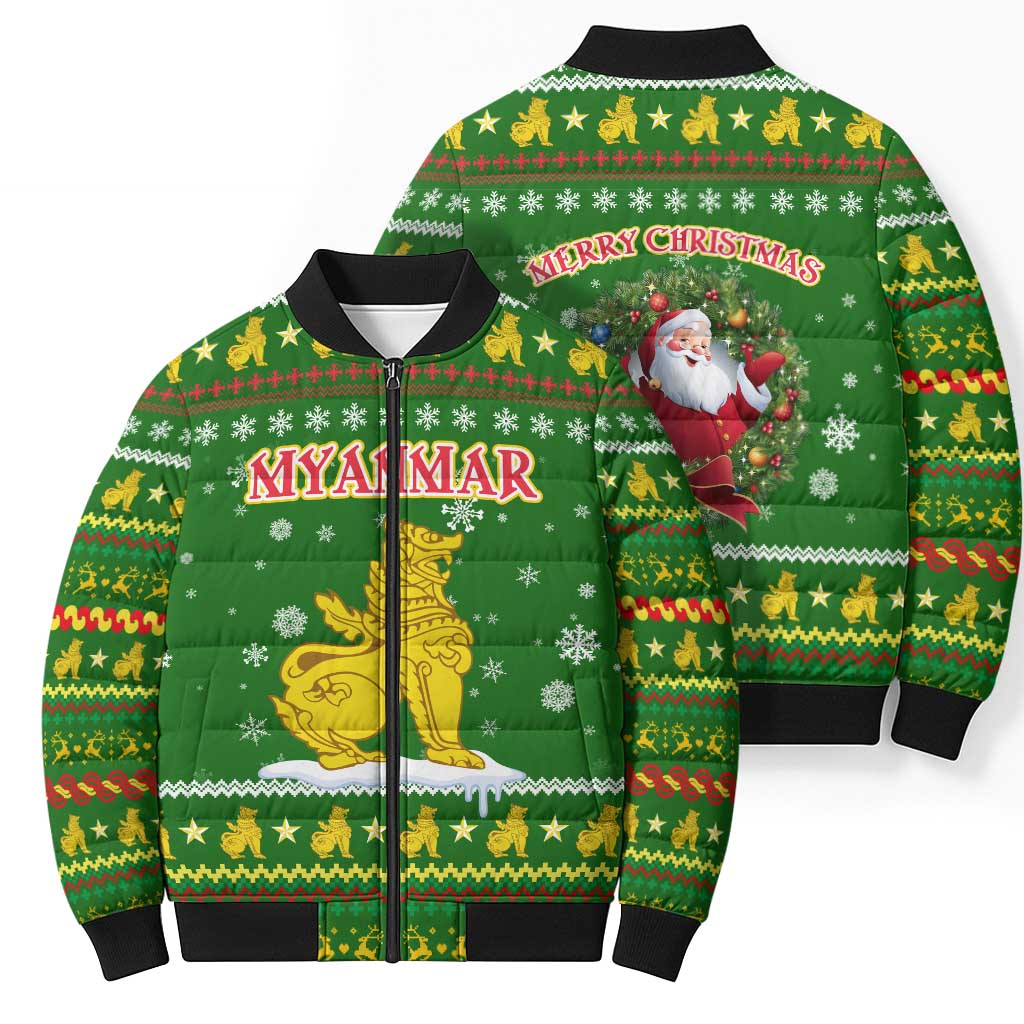Myanmar Christmas Bomber Puffer Jacket with Green-Gold Theme, Chinthe Lion, and Santa Motif - Wonder Print Shop