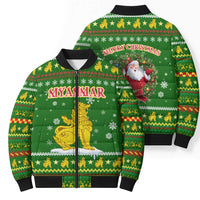Myanmar Christmas Bomber Puffer Jacket with Green-Gold Theme, Chinthe Lion, and Santa Motif - Wonder Print Shop