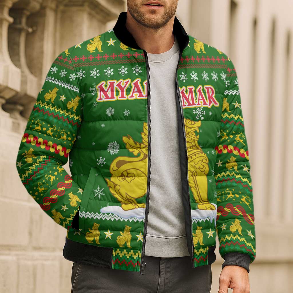 Myanmar Christmas Bomber Puffer Jacket with Green-Gold Theme, Chinthe Lion, and Santa Motif - Wonder Print Shop