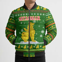Myanmar Christmas Bomber Puffer Jacket with Green-Gold Theme, Chinthe Lion, and Santa Motif - Wonder Print Shop