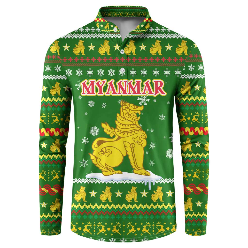 Myanmar Christmas Button Sweatshirt with Green-Gold Theme, Chinthe Lion, and Santa Motif - Wonder Print Shop