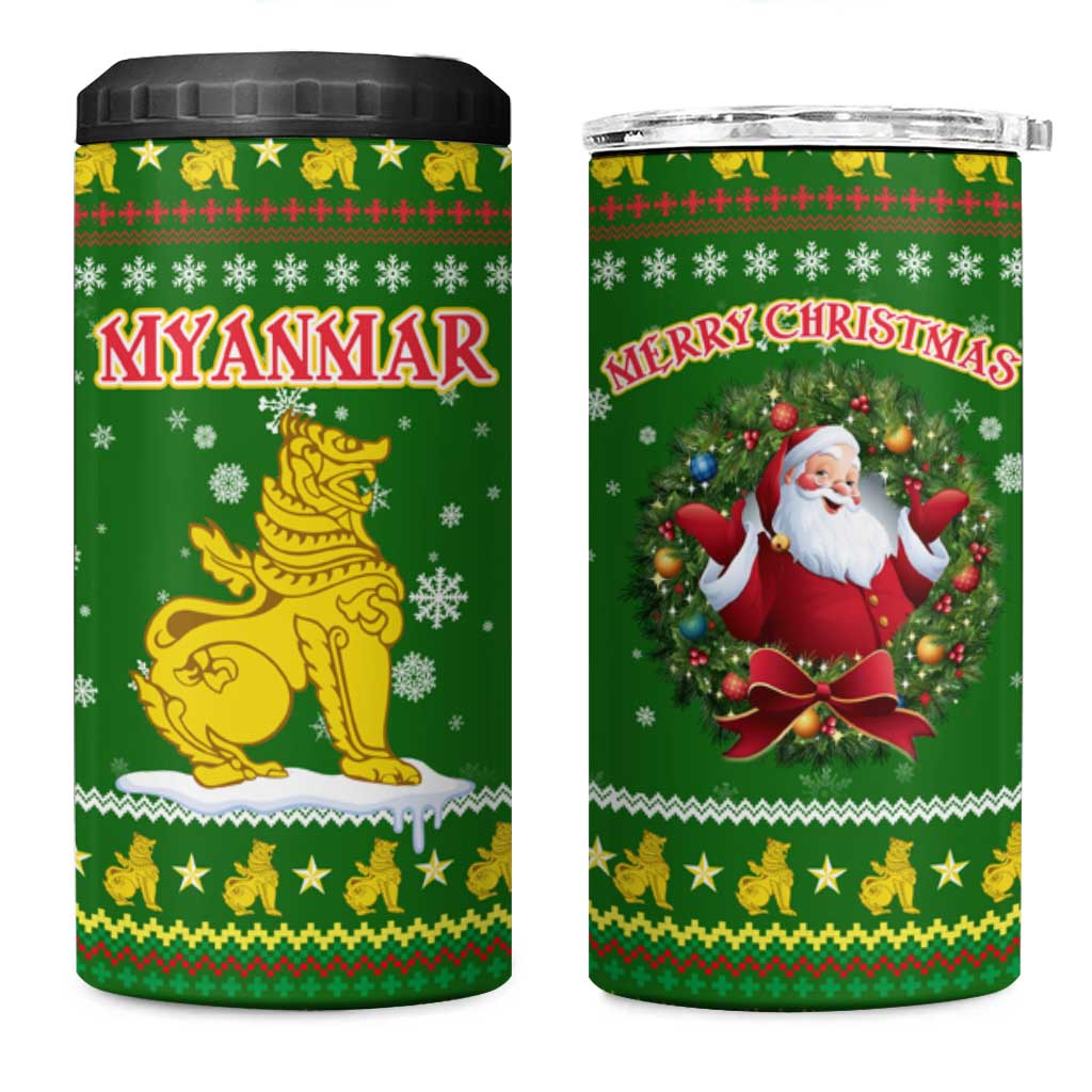 Myanmar Christmas 4 in 1 Can Cooler Tumbler with Green-Gold Theme, Chinthe Lion, and Santa Motif - Wonder Print Shop