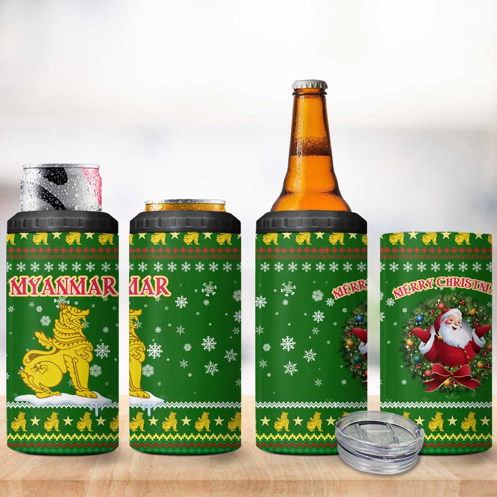 Myanmar Christmas 4 in 1 Can Cooler Tumbler with Green-Gold Theme, Chinthe Lion, and Santa Motif - Wonder Print Shop