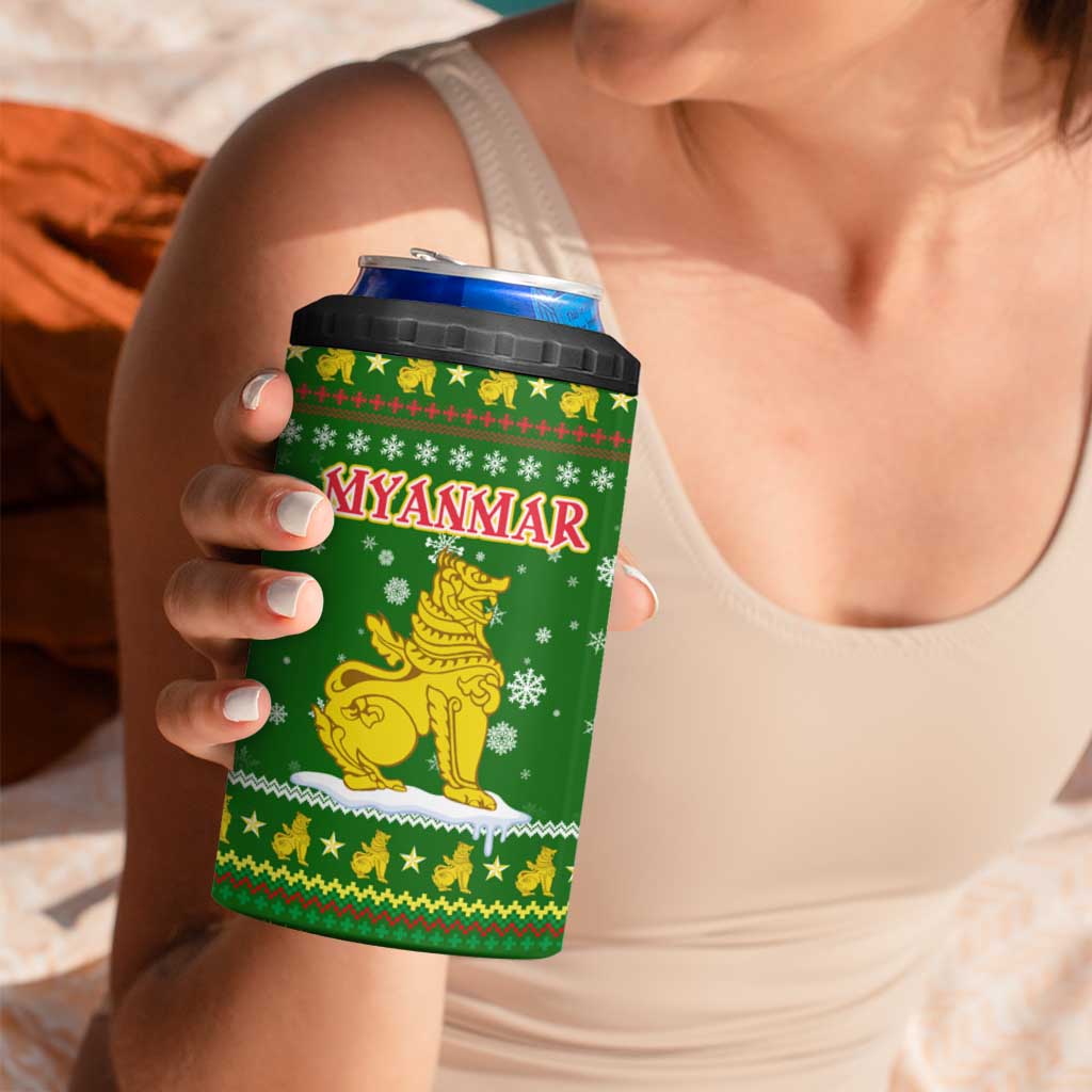 Myanmar Christmas 4 in 1 Can Cooler Tumbler with Green-Gold Theme, Chinthe Lion, and Santa Motif - Wonder Print Shop