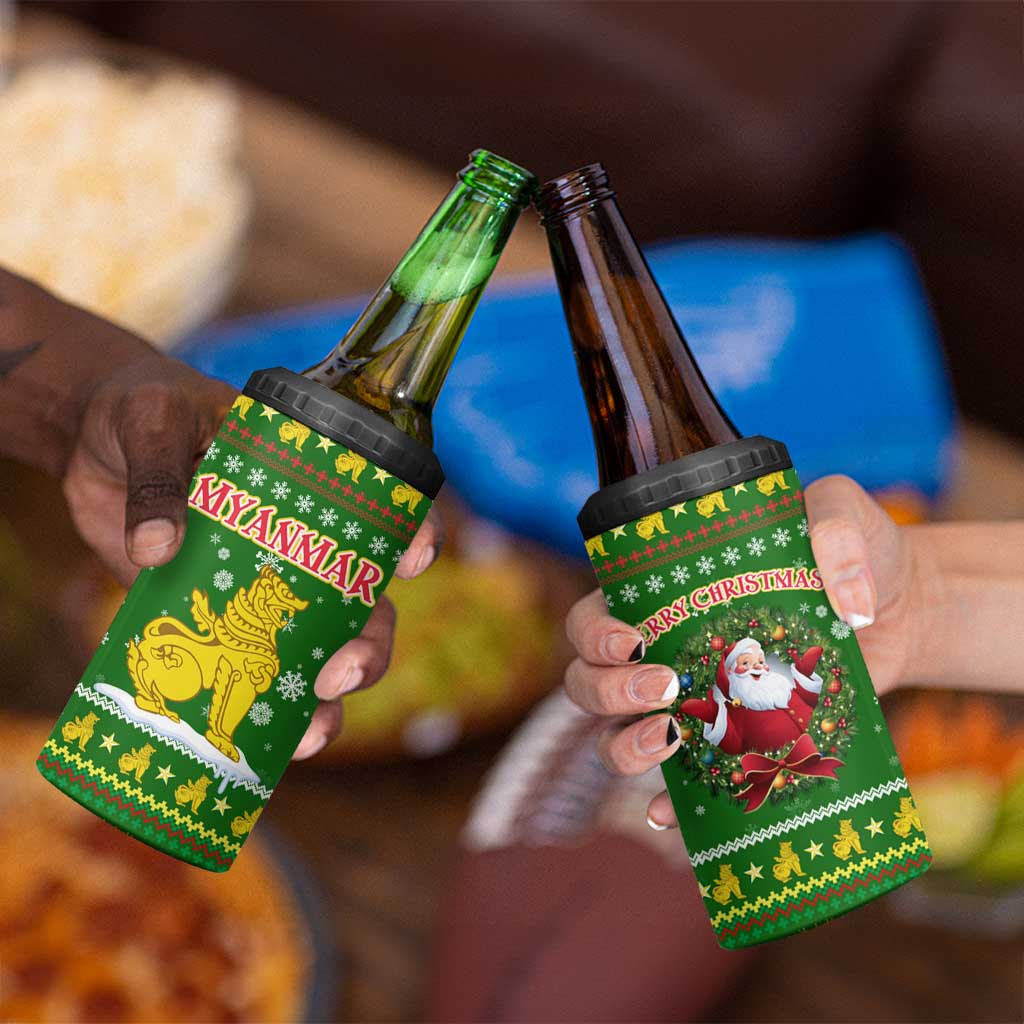 Myanmar Christmas 4 in 1 Can Cooler Tumbler with Green-Gold Theme, Chinthe Lion, and Santa Motif - Wonder Print Shop