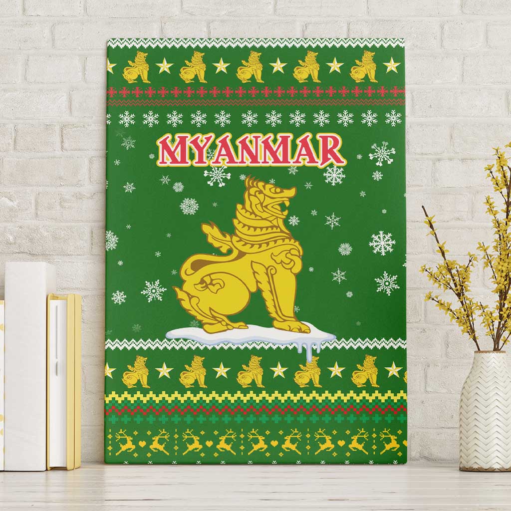 Myanmar Christmas Canvas Wall Art with Green-Gold Theme, Chinthe Lion, and Santa Motif - Wonder Print Shop