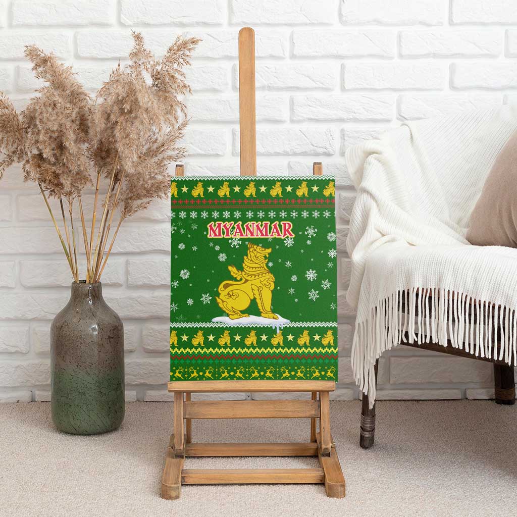Myanmar Christmas Canvas Wall Art with Green-Gold Theme, Chinthe Lion, and Santa Motif - Wonder Print Shop