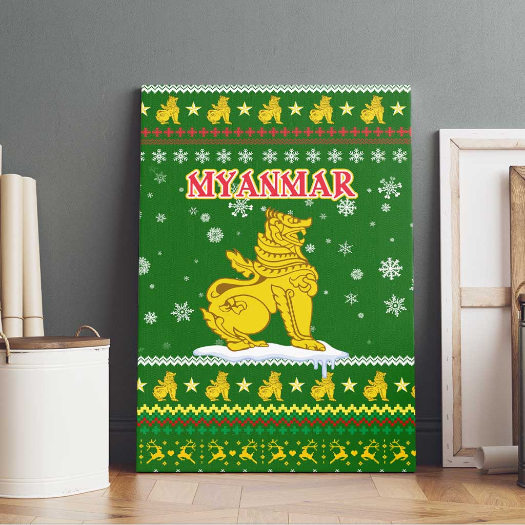 Myanmar Christmas Canvas Wall Art with Green-Gold Theme, Chinthe Lion, and Santa Motif - Wonder Print Shop