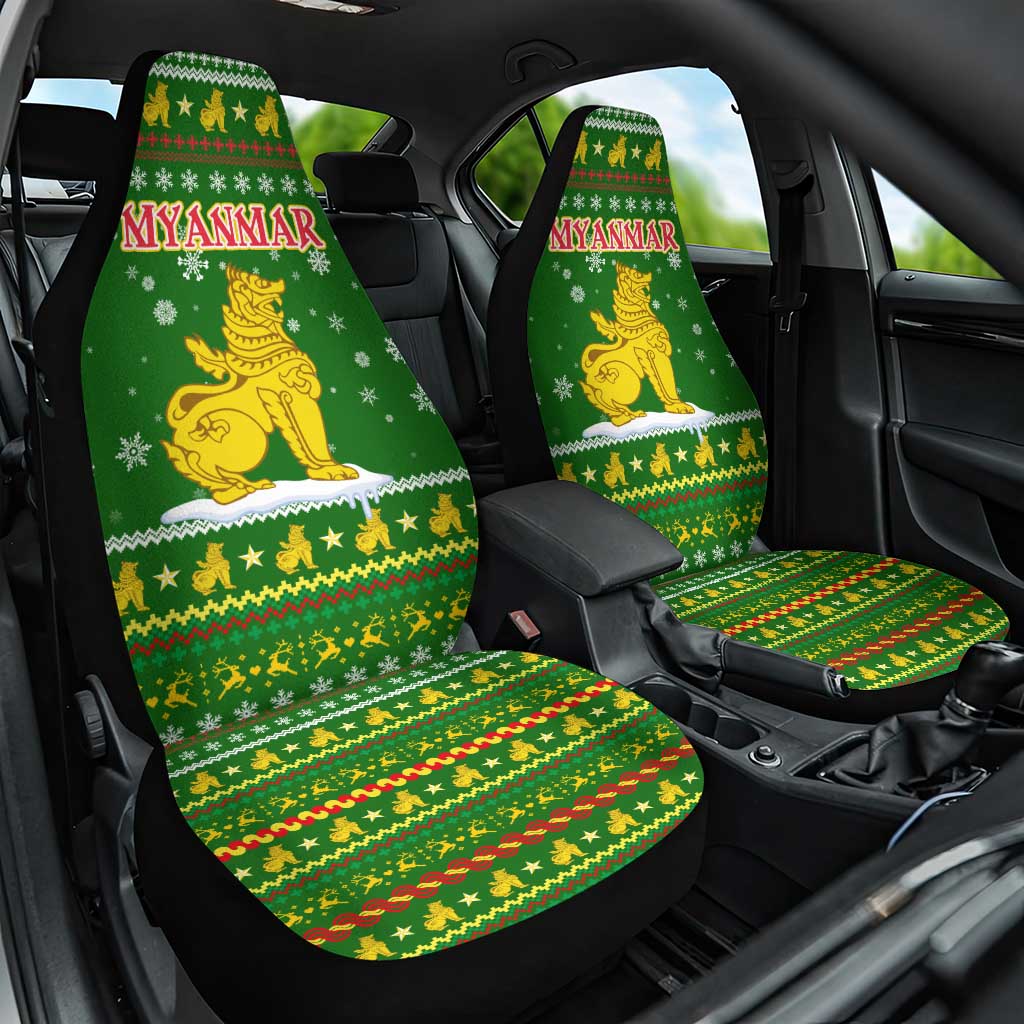 Myanmar Christmas Car Seat Cover with Green-Gold Theme, Chinthe Lion, and Santa Motif - Wonder Print Shop