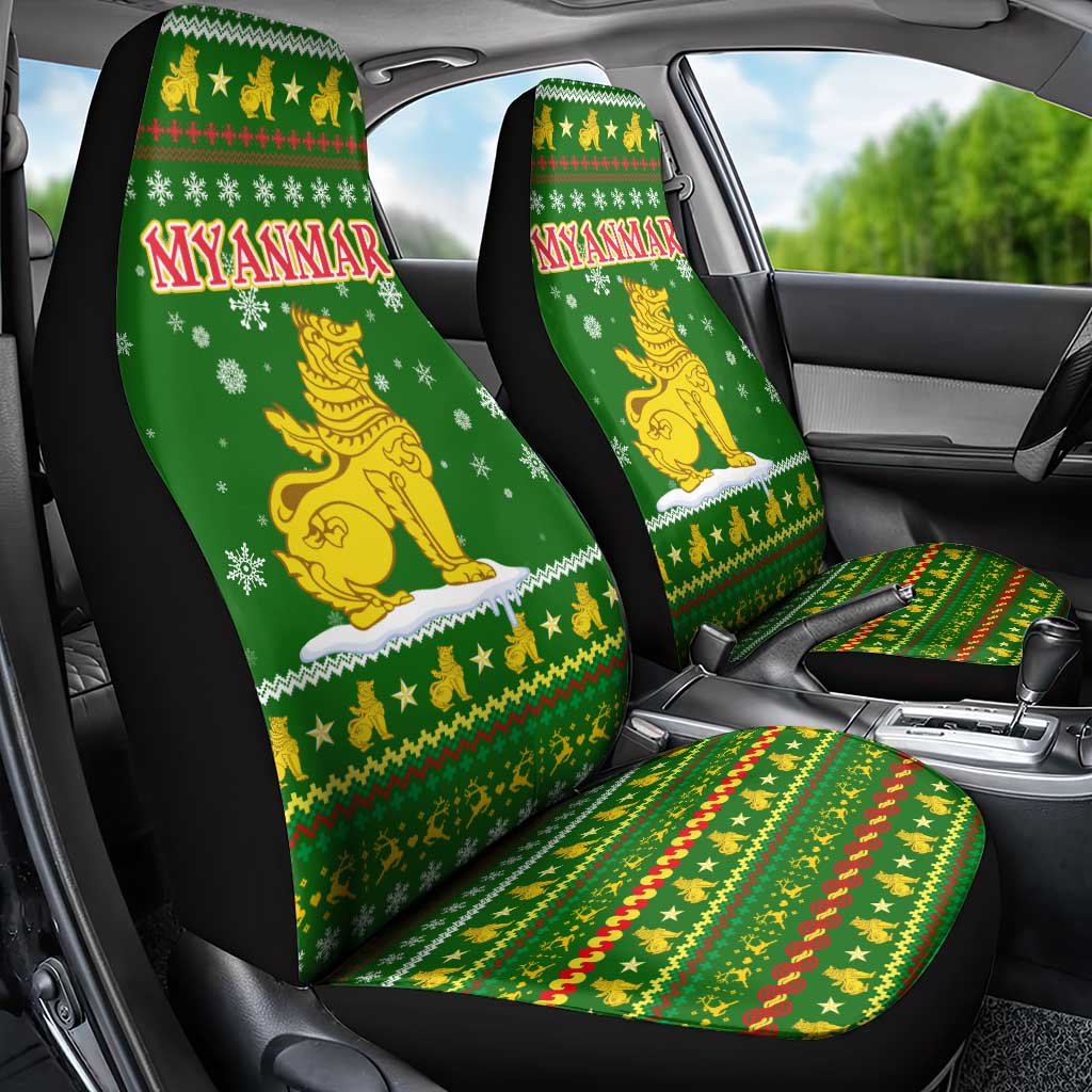 Myanmar Christmas Car Seat Cover with Green-Gold Theme, Chinthe Lion, and Santa Motif - Wonder Print Shop