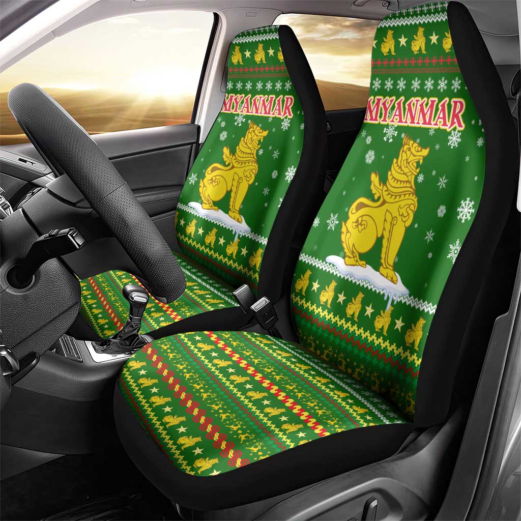 Myanmar Christmas Car Seat Cover with Green-Gold Theme, Chinthe Lion, and Santa Motif - Wonder Print Shop