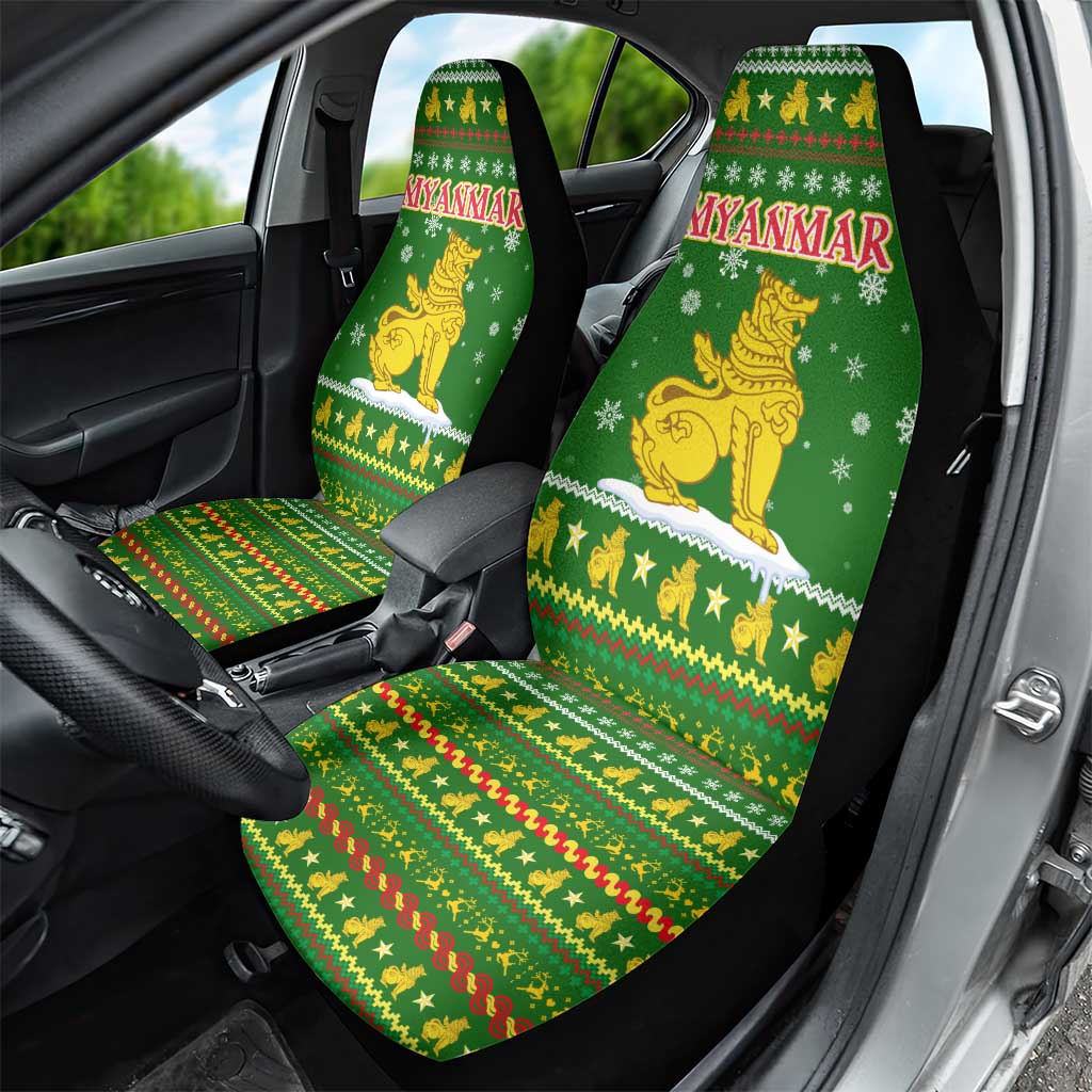 Myanmar Christmas Car Seat Cover with Green-Gold Theme, Chinthe Lion, and Santa Motif - Wonder Print Shop