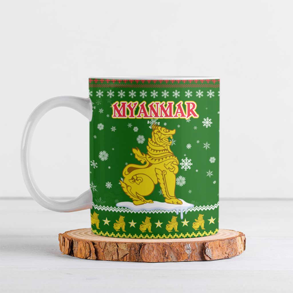 Myanmar Christmas Ceramic Mug with Green-Gold Theme, Chinthe Lion, and Santa Motif - Wonder Print Shop