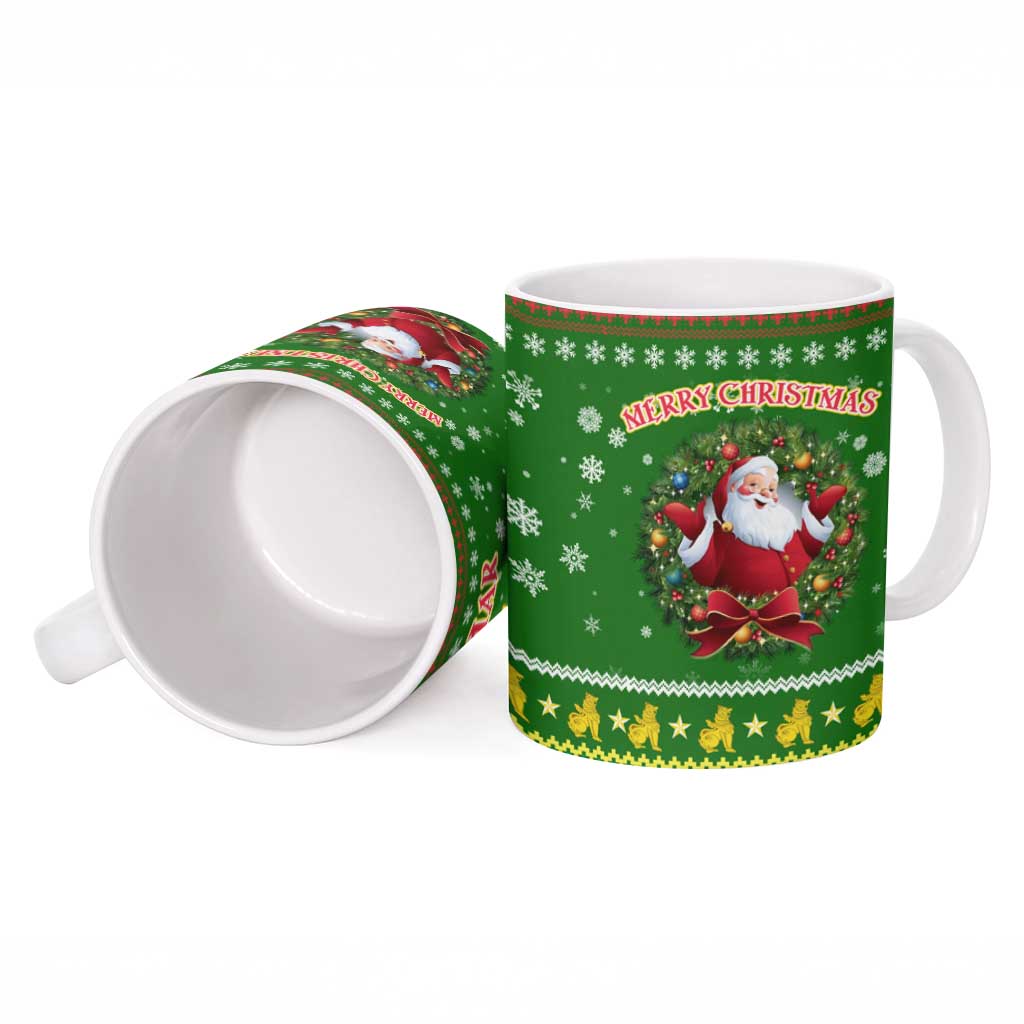 Myanmar Christmas Ceramic Mug with Green-Gold Theme, Chinthe Lion, and Santa Motif - Wonder Print Shop