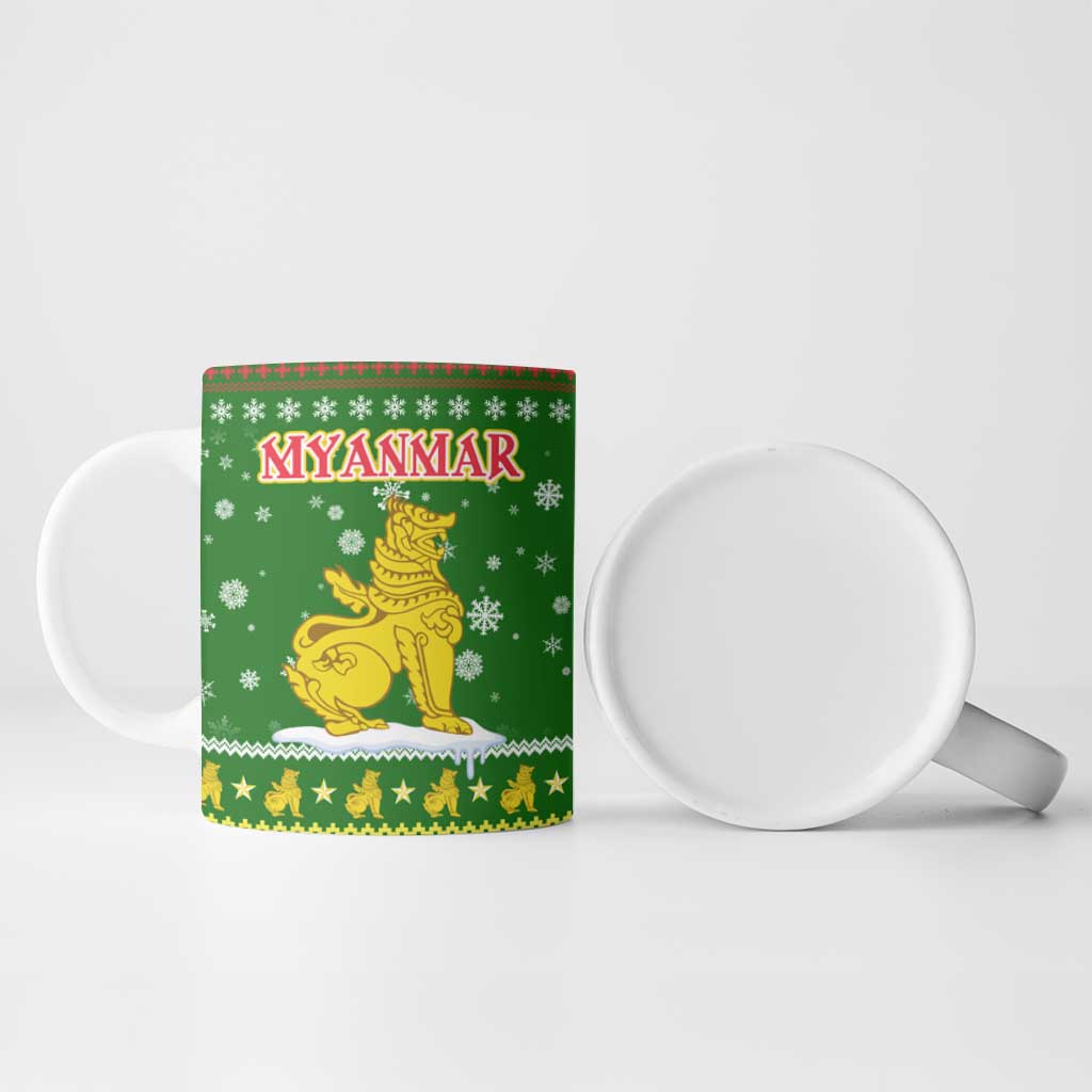 Myanmar Christmas Ceramic Mug with Green-Gold Theme, Chinthe Lion, and Santa Motif - Wonder Print Shop