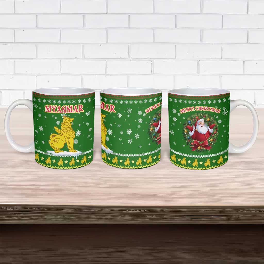 Myanmar Christmas Ceramic Mug with Green-Gold Theme, Chinthe Lion, and Santa Motif - Wonder Print Shop